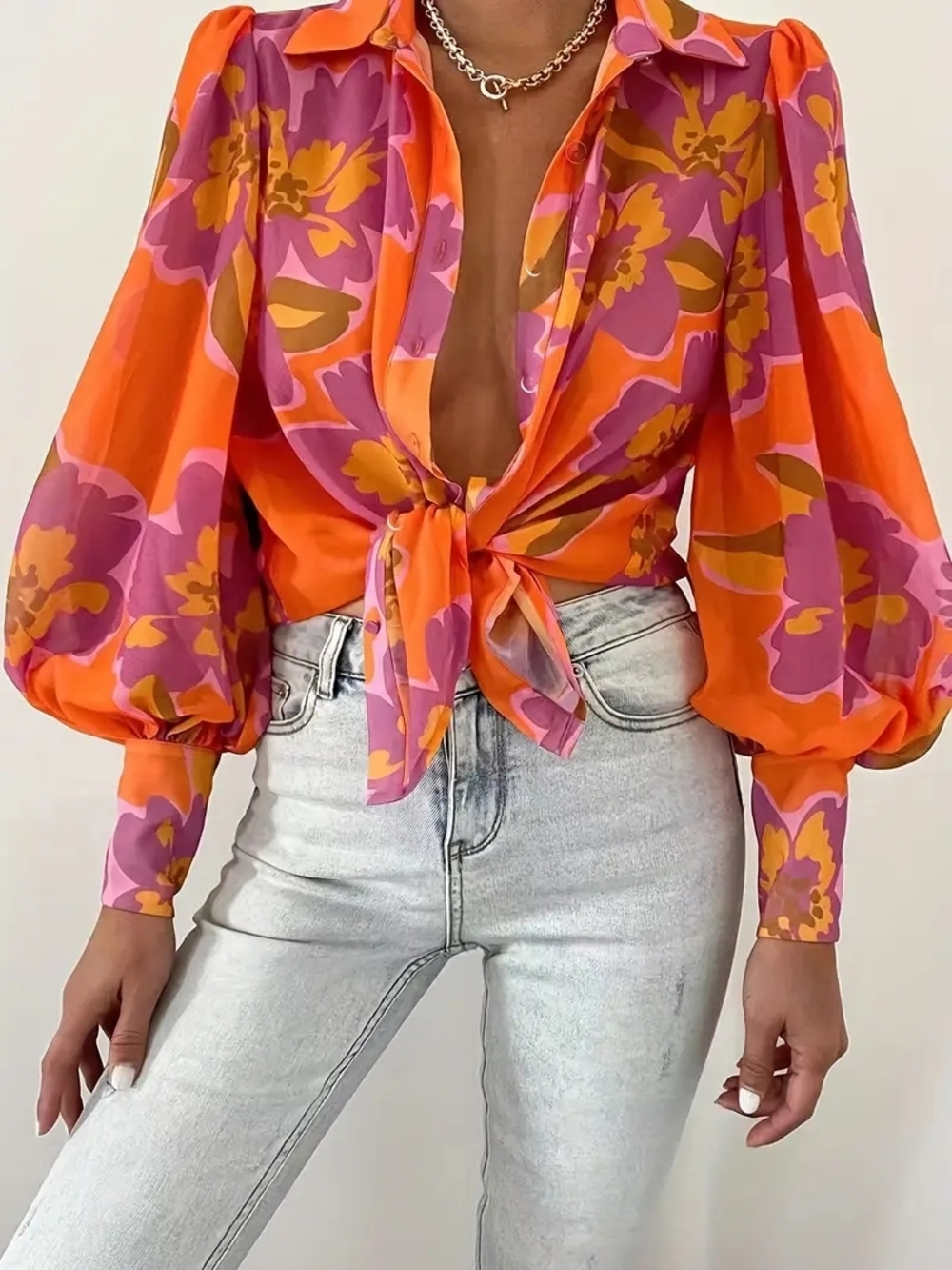 Button Front Puff-Sleeve Blouse in Orange & Pink Floral. NWOT Size Small